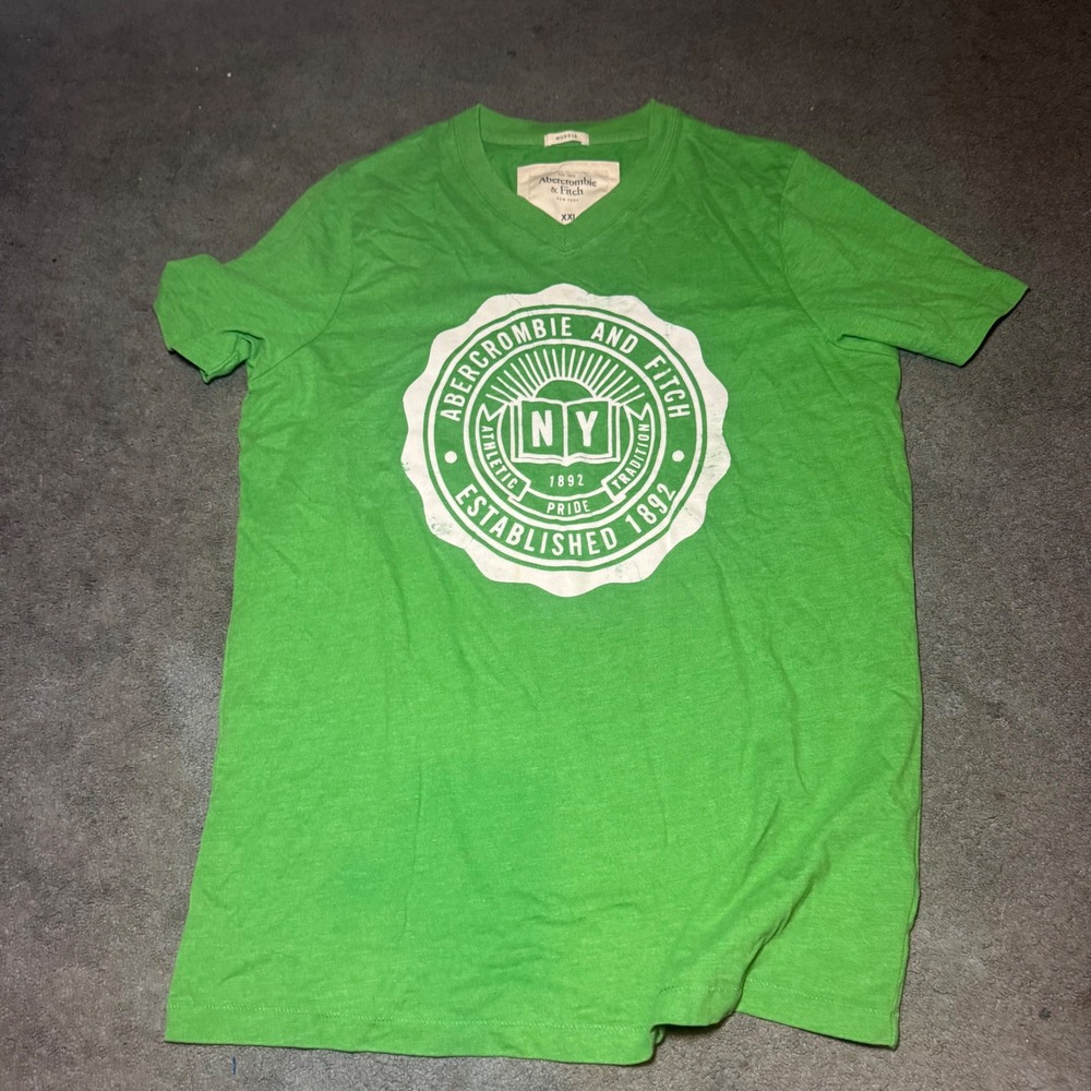 Abercrombie & Fitch Mens XXL Green Muscle V-Neck Graphic T-Shirt NY Crest Logo